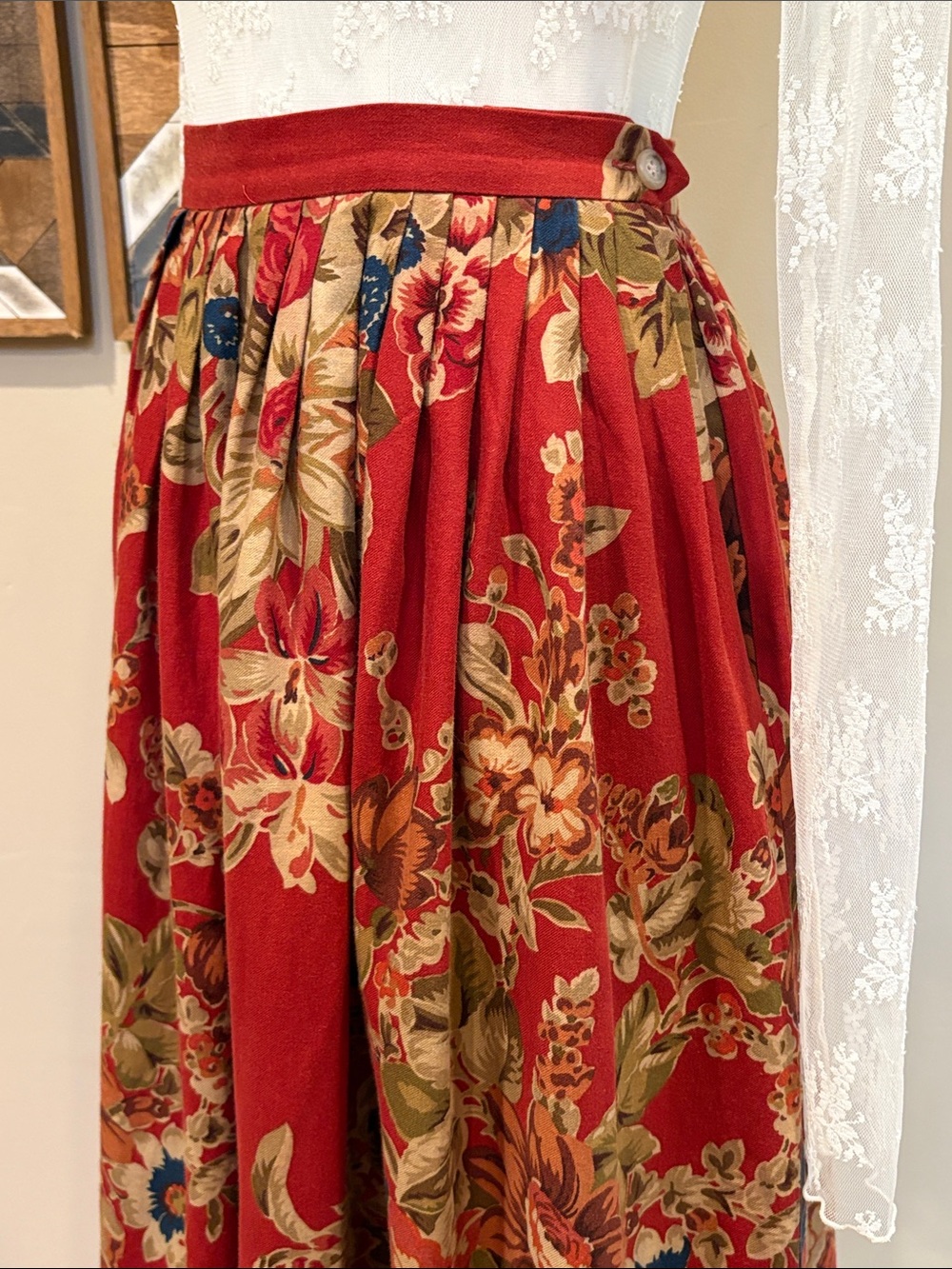 Vintage Ralph Lauren Red Floral Cottagecore Long Pleated Skirt size 4 - Picture 6 of 14